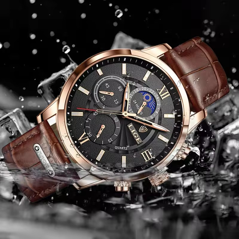 Męskie zegarki LIGE Top marka  – Suede Strap Watch recenzja i cena